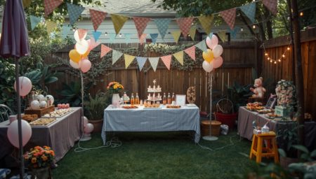 chá de beber ideias para festa no quintal com amigos, decoração com bandeirinhas e mesa de chá de bebêR descontraído