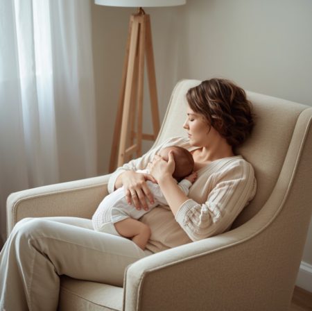 Mãe amamentando bebê em poltrona confortável durante dificuldades na amamentação