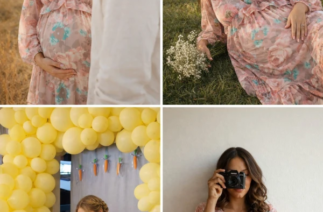Gestante usando vestido rosa floral posa em ensaio ao ar livre, em chá de bebê e em fotos delicadas celebrando a maternidade e o Dia das Mães.