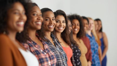 Grupo de mulheres sorrindo lado a lado representando diferentes tipos de mãe e estilos de maternidade