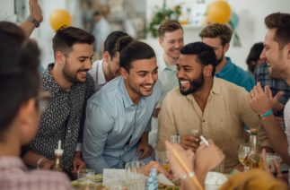 Brincadeiras para chá de bebê com homens durante festa de chá de fraldas com amigos reunidos