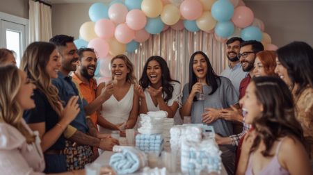 Brincadeiras para chá de bebê com homens durante festa de chá de fraldas com amigos reunidos