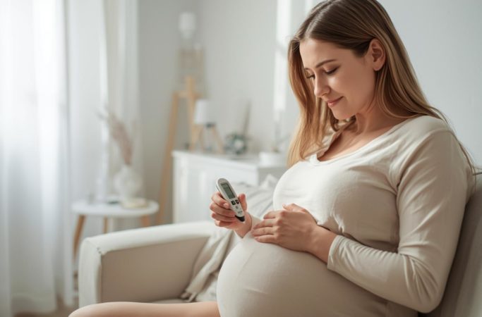 Gestante sentada medindo a glicose como parte do controle da diabetes gestacional durante a gravidez