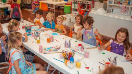 Crianças participando de uma festa da pintura com tintas, pincéis e aventais em mesas organizadas