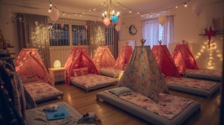 Decoração de festa do pijama para crianças com cabanas, almofadas e luzinhas