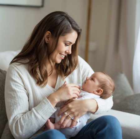 Mãe com recém-nascido no colo em momento sobre como aumentar a produção de leite materno naturalmente