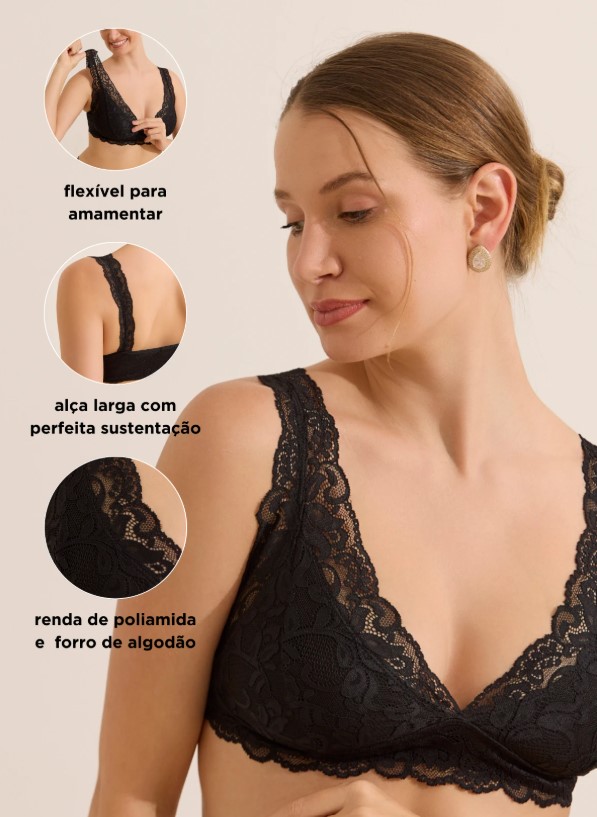 Mulher usando sutiã de amamentação com bojo e renda, alças reguláveis e fecho click