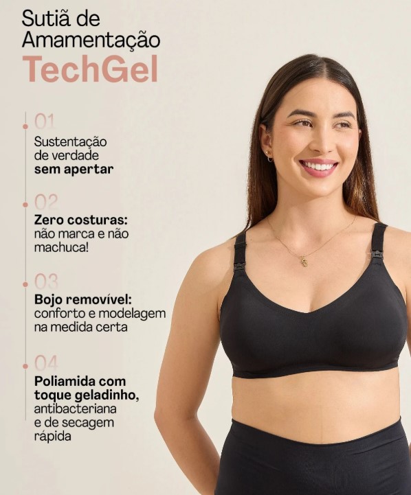 Mulher usando sutiã de amamentação Tech Gel, modelo sem costura com alças reforçadas e laterais largas