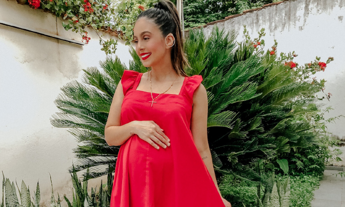 vestido vermelho para gestante com babados