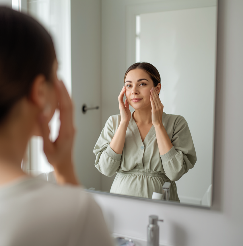 Gestante aplicando skincare no rosto em frente ao espelho no banheiro, ambiente clean e iluminado, momento de autocuidado durante a gravidez