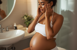 Mulher grávida sentada no banheiro cuidando da pele do rosto, ambiente acolhedor com iluminação suave e rotina de skin care para gestante