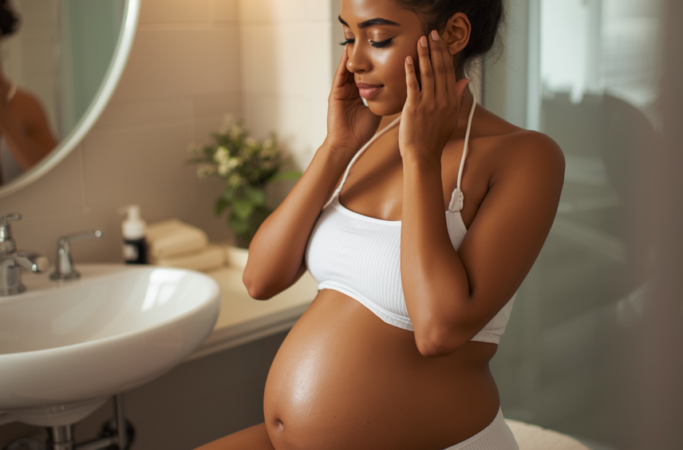Mulher grávida sentada no banheiro cuidando da pele do rosto, ambiente acolhedor com iluminação suave e rotina de skin care para gestante
