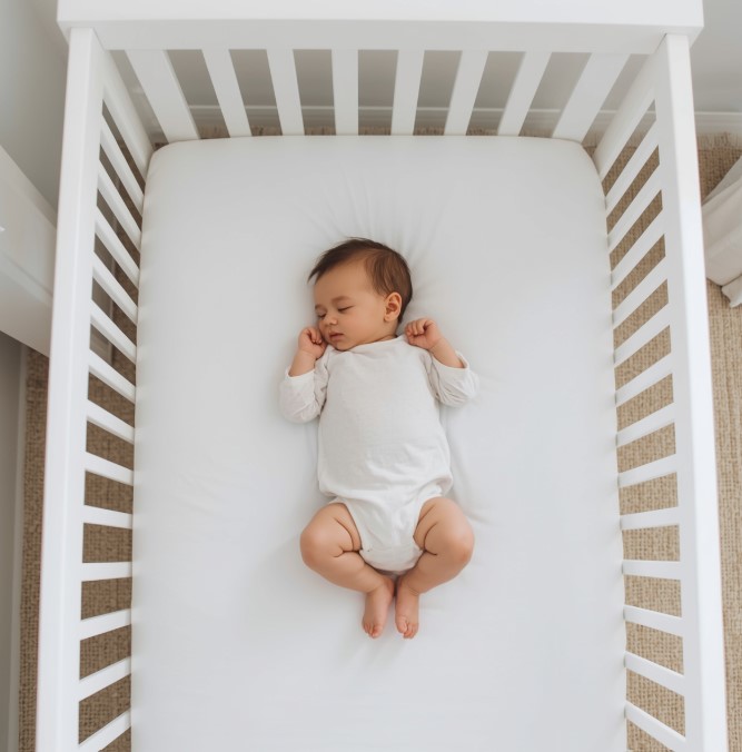 Sono do bebê seguro: bebê dormindo de barriga para cima em berço com colchão firme e sem objetos