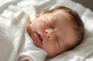 Sono do bebê: recém-nascido dormindo tranquilamente em cama aconchegante durante a noite