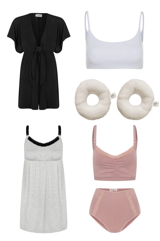 Kit mala da maternidade com macaquinho preto, top branco, rosquinhas de amamentação, camisola cinza e conjunto de lingerie rosa