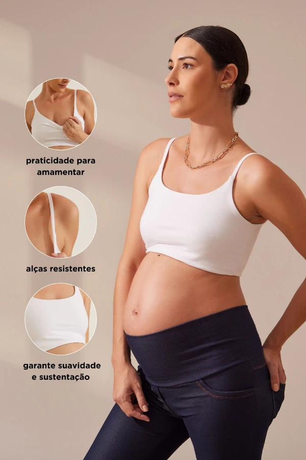 Gestante usando top branco de amamentação com destaque para praticidade, alças resistentes e sustentação