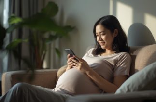 Gestante sentada no sofá usando app de gravidez no celular para acompanhar a gestação semana a semana