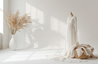 Roupas para gestantes em tom claro com modelagem confortável, ideal para acompanhar a gravidez com leveza e elegância