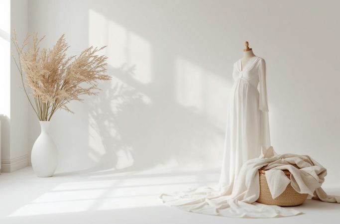 Roupas para gestantes em tom claro com modelagem confortável, ideal para acompanhar a gravidez com leveza e elegância