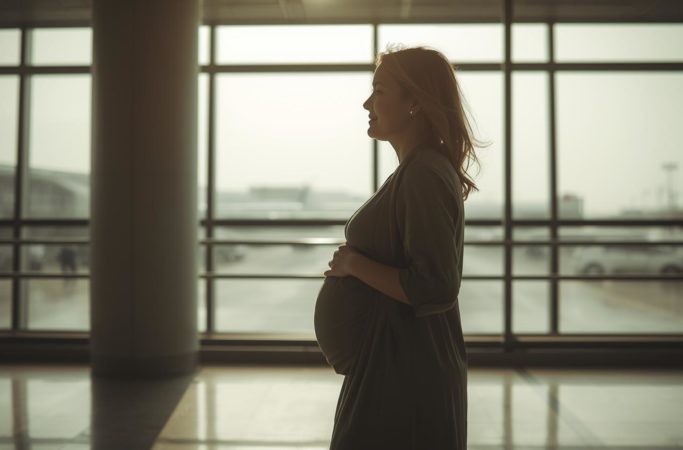 Gestante com vestido confortável caminhando no aeroporto, exemplo de aerolook gestante para viajar de avião
