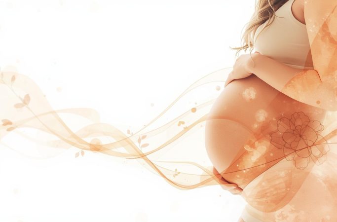 Calendário da gestante com ilustração da barriga na gravidez e símbolos de tempo, mostrando o acompanhamento semana a semana da gestação