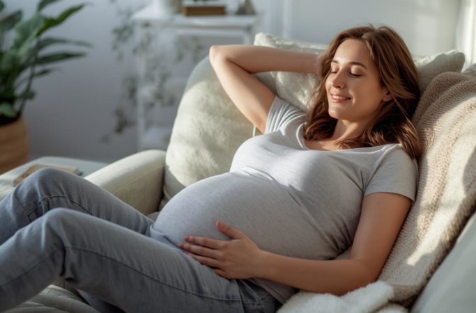 Gestante descansando no sofá usando calça jeans gestante confortável, com barriga apoiada e tecido macio para o dia a dia.