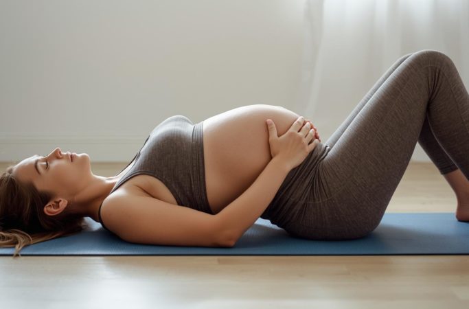 Gestante deitada praticando exercícios para assoalho pélvico com foco na respiração e no fortalecimento muscular.