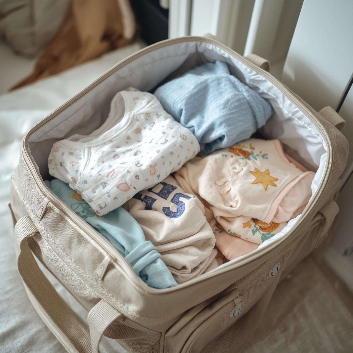 mala da maternidade organizada com roupas de bebê dobradas, incluindo bodies, macacões e mantas em tons claros