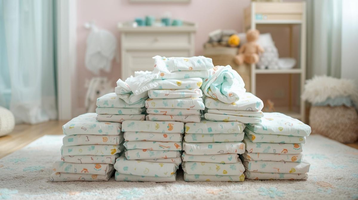 Fraldas empilhadas, representando quantas fraldas o bebê usa por mês e por fase
