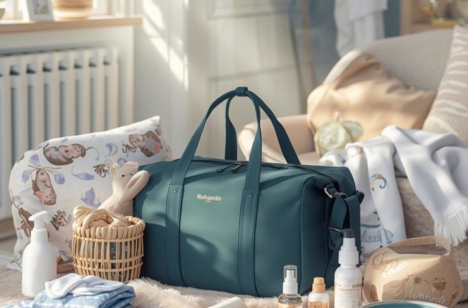 mala da maternidade com itens essenciais para mãe e bebê, como fraldas, produtos de higiene, mantas e bolsa maternidade