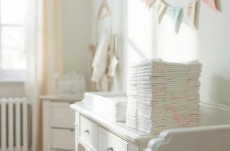 Pilha de fraldas organizadas no quarto do bebê, ilustrando quantas fraldas o bebê usa ao longo do primeiro ano