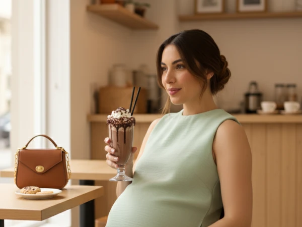 Gestante usando vestido confortável em ambiente casual, mostrando como roupas para gestantes unem conforto e estilo no dia a dia