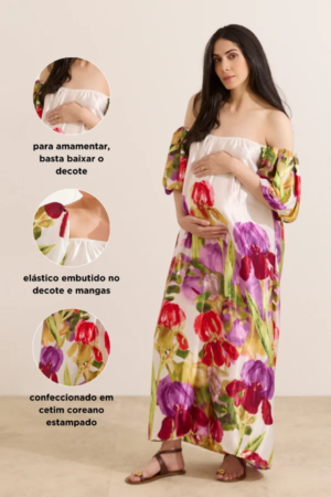 Vestido longo para gestante em cetim estampado floral, confortável e ideal para chá de bebê