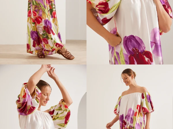 Vestido estampado em cetim para gestante e amamentação, ideal para chá de bebê