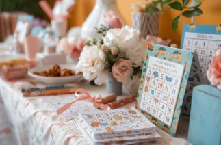 Mesa decorada com brincadeiras para chá de bebê, incluindo bingo do bebê, flores delicadas, cartões de atividades e itens decorativos em tons suaves.