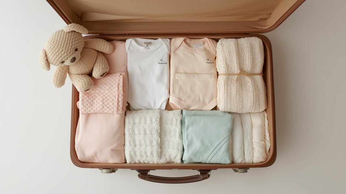 Lista maternidade bebê organizada em mala aberta com roupinhas do recém-nascido, bodies, mantas, macacões e itens essenciais para levar à maternidade.
