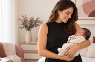 Mãe usando regata de amamentação preta enquanto segura o bebê no colo