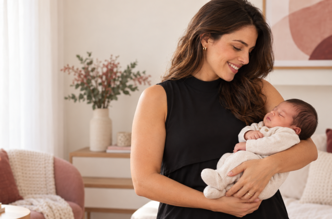 Mãe usando regata de amamentação preta enquanto segura o bebê no colo