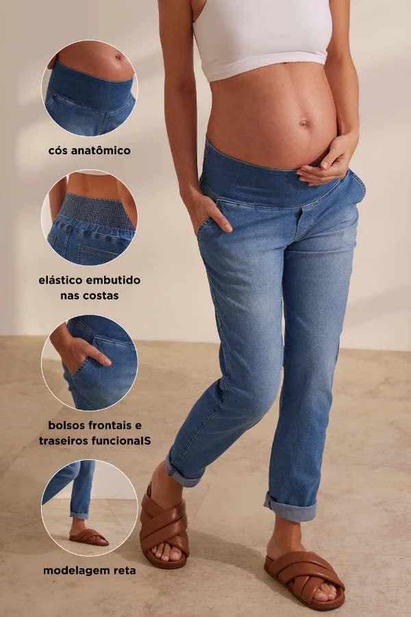 Calça jeans gestante reta azul claro com cós anatômico, elástico embutido nas costas e bolsos funcionais frontais e traseiros.