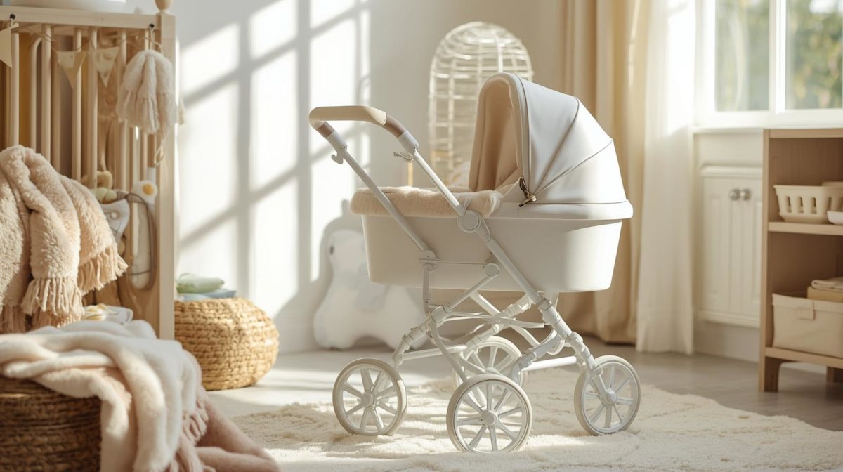 Carrinho de bebê elegante em ambiente de quarto infantil, com estrutura branca, moisés acolchoado e decoração suave ao redor, representando conforto, segurança e um dos melhores carrinhos de bebê para os primeiros meses do bebê.