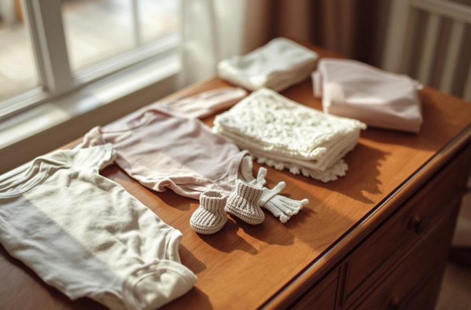 Roupinhas neutras de bebê organizadas sobre cômoda de madeira com mantas e sapatinhos, representando enxoval bebê barato e essencial.
