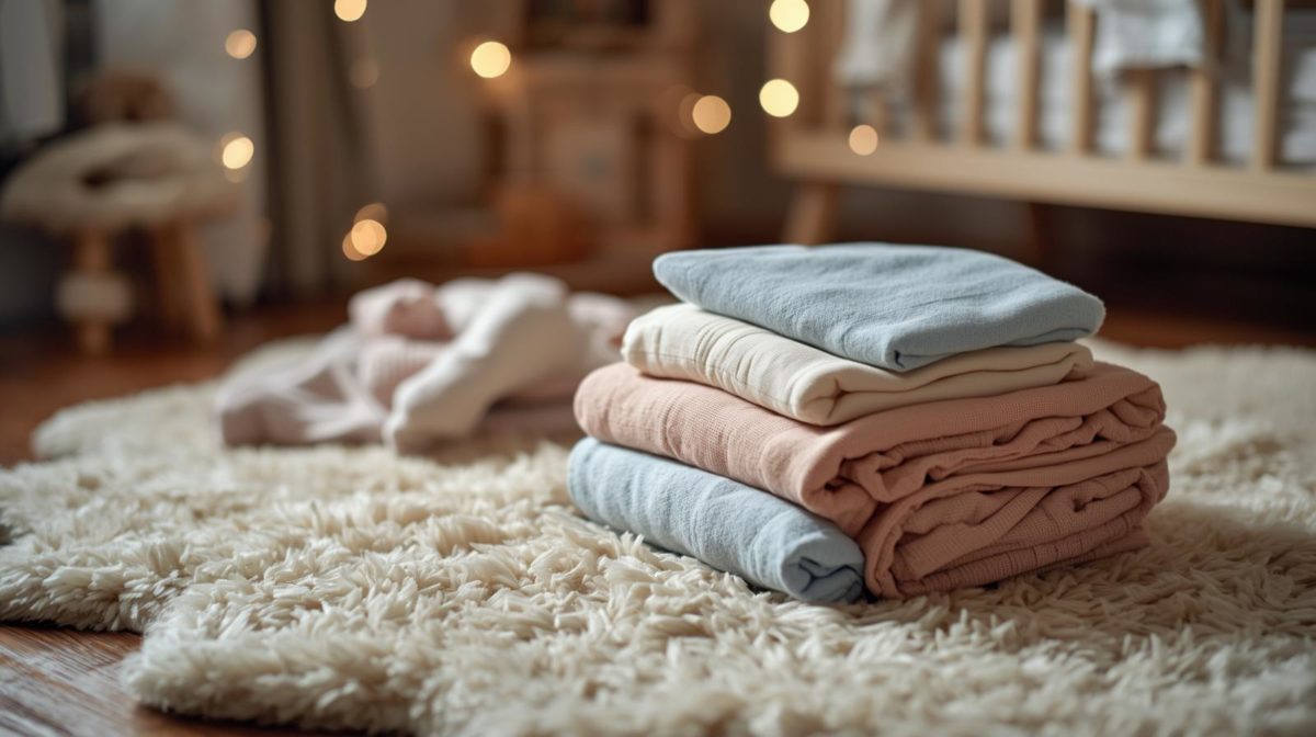Lista de enxoval do bebê organizada com mantas dobradas e roupinhas em tons neutros sobre tapete no quarto do bebê.
