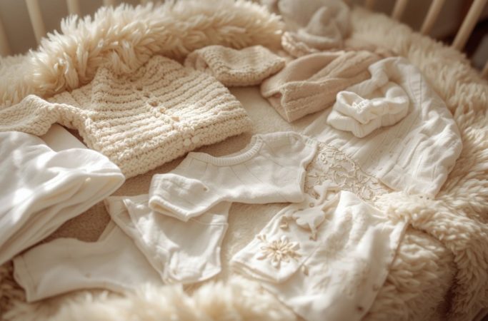 Roupas essenciais do enxoval do bebê recém-nascido organizadas dentro do berço, incluindo body, casaquinho e manta.