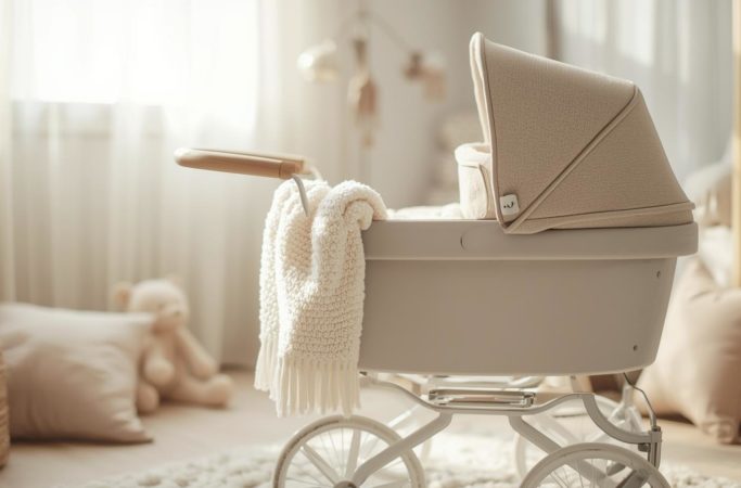 Carrinho de bebê estilo moisés em quarto infantil claro, com design clássico, rodas grandes brancas e capota em tom neutro, ideal para recém nascido e associado aos melhores carrinhos de bebê para uso desde o nascimento.