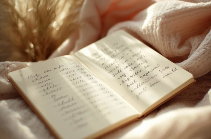 Caderno com lista de nomes de bebê diferentes para meninos e meninas, simbolizando a escolha do nome durante a gravidez