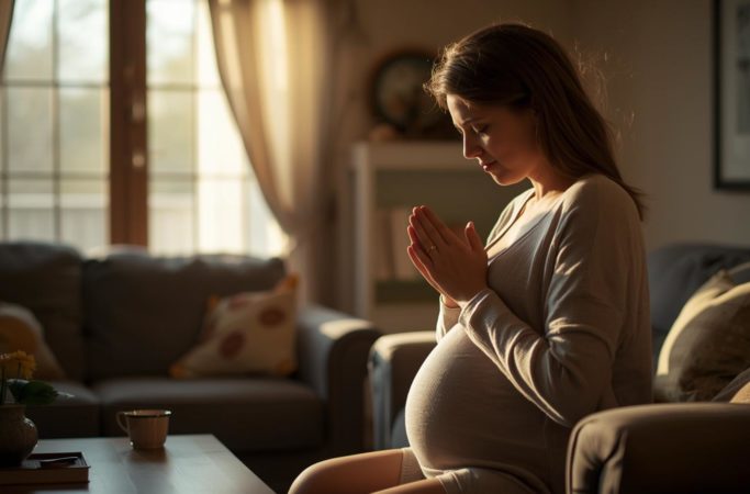 Mulher grávida sentada no sofá rezando em casa, em clima de paz e fé, simbolizando a oração da gestante em diferentes fases da gravidez.