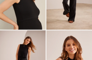 Mulher usando regata de amamentação golinha preta, com gola alta e modelagem elegante, ideal para maternidade, gestação e amamentação com conforto e discrição.