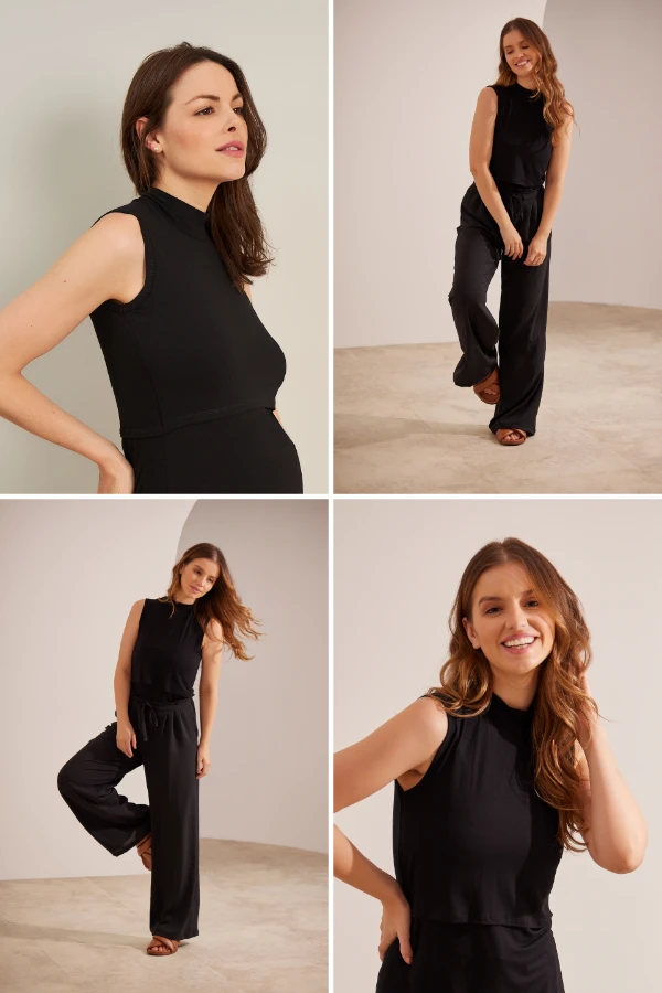 Mulher usando regata de amamentação golinha preta, com gola alta e modelagem elegante, ideal para maternidade, gestação e amamentação com conforto e discrição.