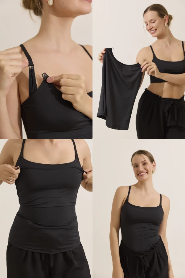 Mulher vestindo regatop amamentação 3 em 1, com visual de regata básica e sustentação interna, ideal para gestação, pós-parto e uso sem sutiã.