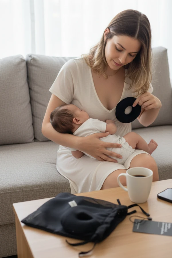 Rosquinha de amamentação preta usada para proteger o bico do peito e evitar atrito com a roupa durante a amamentação